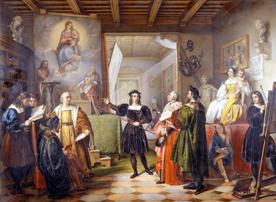 Taidemaalari Rafael (Raphael Sanzio 1483 - 1520) ateljeessaan. tekijältä Unbekannter Künstler