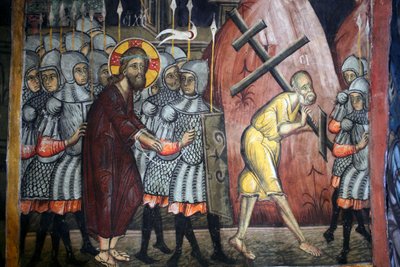 Kristus Simonin intohimo kantaa ristin bysanttilaista freskoa Agios Ioannis Lampadistisin luostarista, Saint John Lampadistis 1000-luvulta Kypros Maalatut kirkot Unescon sivusto Troodos, Kypros tekijältä Unbekannt