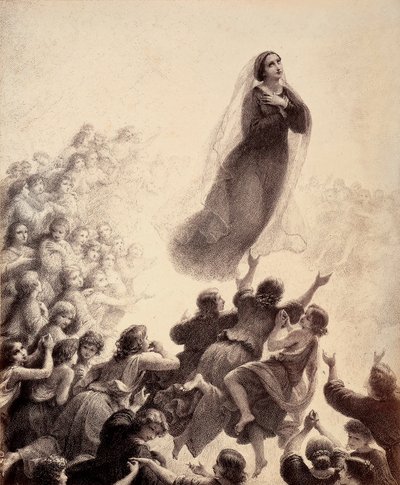 Siunattujen henget, ojentaneet kätensä, saattelevat laululla Marian paluuta Empyreaniin. Kuvitus Dante Alighierin kirjoittaman Jumalaisen komedian Paradison laulusta XXIII. Francesco Scaramuzzan Firenzen kunnalle omistama teos. tekijältä Unbekannter Künstler