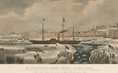 Cunard-yhtiön höyrylaiva Britannia lähtee Bostonin satamasta (Yhdysvallat) 3. helmikuuta. tekijältä Unbekannter Künstler
