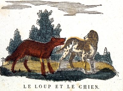Susi ja koira, La Fontainen satu, 1800-luvun alku (kaiverrus). tekijältä Unbekannter Künstler