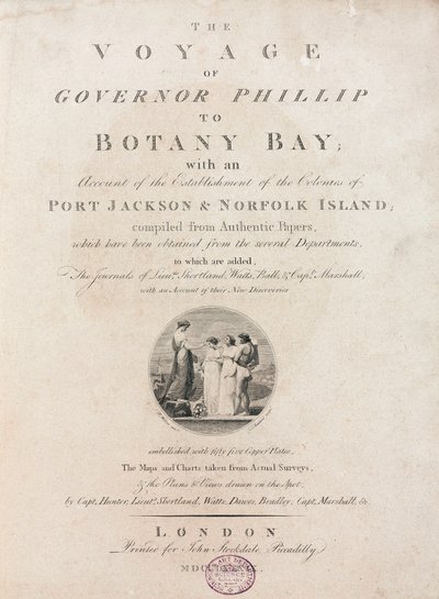 Nimisivu teoksesta "Kuvernööri Phillipin matka Botany Baylle", n. 1789 tekijältä Unbekannt