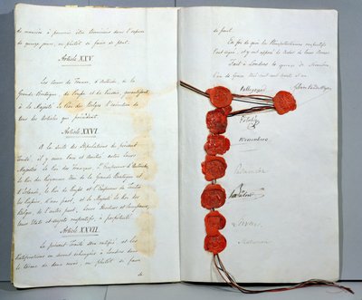 Sopimus Belgian perustamisesta itsenäiseksi valtioksi, allekirjoitettu 15. marraskuuta 1831 Lontoon konferenssissa (kynä ja muste ja vaha paperille) tekijältä Unbekannt
