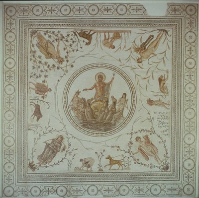Neptunuksen voitto ja neljä vuodenaikaa, roomalainen, La Chebbasta, 4. vuosisadalta jKr (mosaiikki) (katso lisätietoja 104354) tekijältä Unbekannt