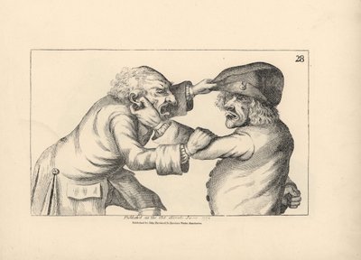 Kaksi maalaispoikaa Hal ja Dick riitelevät Halin vaimon Dollin uskottomuushuhusta. Kuparikaiverrus Timothy Bobbinin (John Collier) (1708-1786) satiirisen kuvituksen mukaan, teoksesta Human Passions Delineated, John Haywood, Manchester. tekijältä Unbekannter Künstler