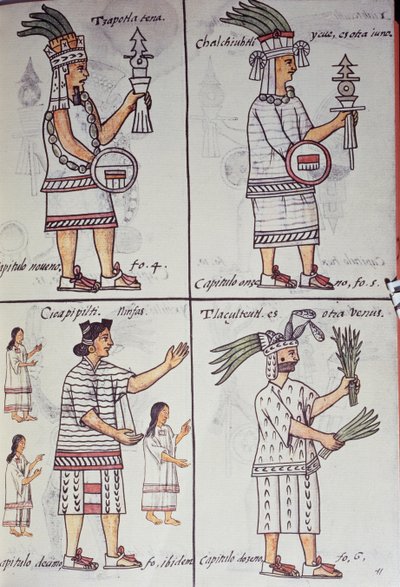 Tzapotlatena, Chalchiuhtlatonal, Cioapipitli ja Tliltecuhtli, Firenzen Codex, Kaksikielinen versio espanjaksi ja Nahuatl, General History of the Things of New Spain, Aztec tekijältä William M. Timlin