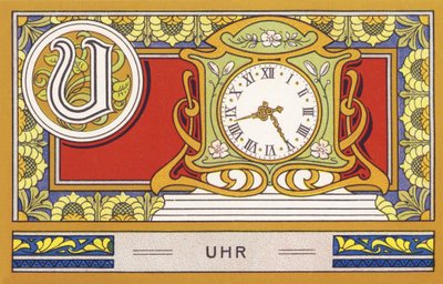 U: Kello - Alphabet Palmine. Kromolitografioiden sarja, toimittajina H. Schlinck & Cie, Hamburg, s. d. . Mainos Palminin hienoimmasta kookosöljystä. Mitat: 7 x 11 cm tekijältä Unbekannter Künstler