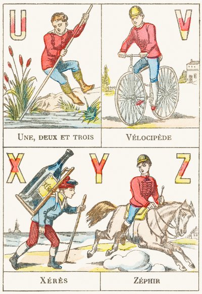 U V X Y Z; U: Yksi, kaksi ja kolme; V: Velocipede; X: sherry; Z: Zephir - Peliaakkoset, n. 1890 (kaiverrus) tekijältä Unbekannt