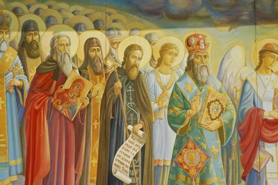 Ukraina, Kiova, Pyhän Mikaelin ortodoksinen luostari (alkuperäinen1108, rekonstruktio 2001), ulkoinen fresko tekijältä Unbekannt