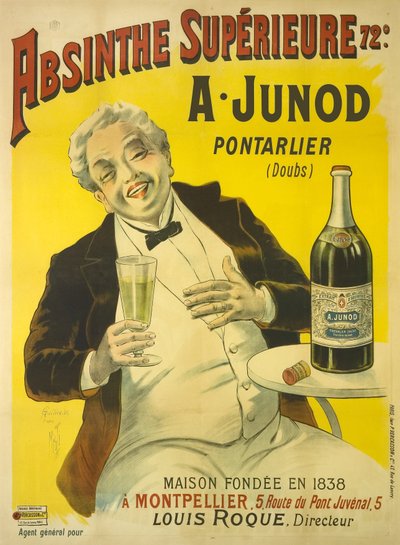 Bistroterassilla istuva mies purskahtaa nauruun juoessaan lasillisen absinttia tekijältä Unbekannt
