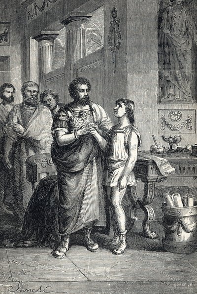 Valentinianus II tunnusti Rooman keisarin Gratianuksen toimesta (375). 1888 (kaiverrus) tekijältä Unbekannter Künstler