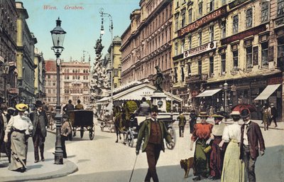 Wien, Graben -kuuluisa katu kaupungin keskustassa, jossa ihmiset kävelevät (postikortti). tekijältä Unbekannter Künstler
