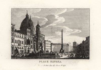 Näkymä Piazza Navonalle, jossa on suihkulähde, egyptiläinen obeliski ja Sant