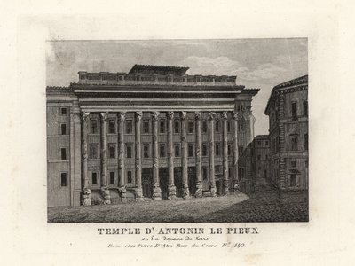 Näkymä Hadrianuksen temppelille, Templum Divus Hadrianus, jossa on 11 pylvästä, jotka hänen adoptiopoikansa Antoninus Pius on pyhittänyt, Temple d