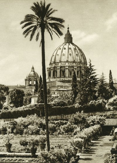 Näkymä Vatikaanin puutarhaan ja Pyhän Pietarin basilikalle (San Pietro) Roomassa tekijältä Unbekannt