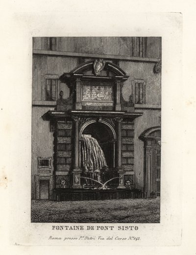 Näkymä Ponte Siston sillan suihkulähteelle, Acqua Paola (nyt Piazza Trilussa), Rooma tekijältä Unbekannt