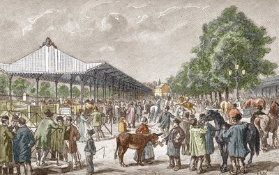 Näkymä hevosmarkkinoille Pariisin 5. kaupunginosassa Kaiverrus Les stages d