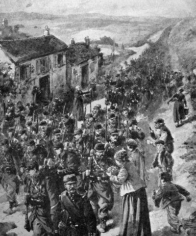 Ensimmäinen maailmansota - Ranskalaiset sotilaat marssivat rintamalle 1914 tekijältä Unbekannter Künstler