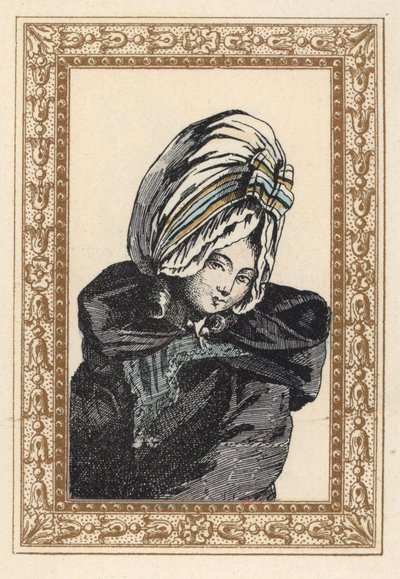 Nainen yöviitassa ja suuressa Voluptuese-hatussa. Yö tukka, on Voluptuous. de Laubaderen käsivärinen litografia Octave Uzanen teoksesta Stylish Hairstyle or Eccentric Finery from the era of King Louis XVI, Hairstyles de Style, La Parure Eccentric, Rouv tekijältä Unbekannter Künstler
