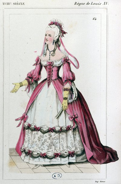 Nainen pukeutuneena Mme de Pompadourin kaltaiseen mekkoon, noin 1810 (kaiverrus). tekijältä Unbekannter Künstler