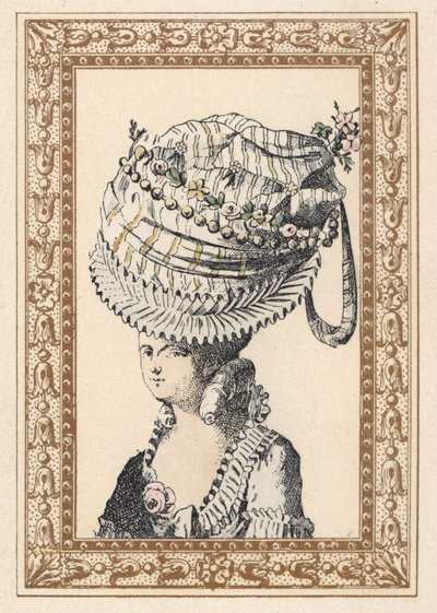 Nainen, jolla on valtava hattu, jota kutsutaan vuosisadan onnellisuudeksi. de Laubaderen käsivärinen litografia Octave Uzanen teoksesta Stylish Hairstyle or Eccentric Finery from the era of King Louis XVI, Hairstyles de Style, La Parure Eccentric, Rouveyre tekijältä Unbekannter Künstler