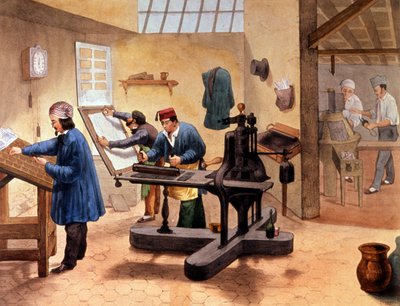 Kirjapainon työpaja, 1800-luvun loppu (kuva). tekijältä Unbekannter Künstler