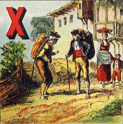 X: Sherry. Viineistään tunnettu Espanjan kaupunki - Maantieteellisestä aakkosesta poimittu kaiverrus. Guerin-Muller et Cie, kustantajat, Pariisi tekijältä Unbekannt