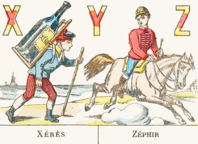 X Y Z : Xeres, Zephir - poika pitää selässään suurta viinipulloa ja ratsastaja laukkaa hevosellaan nimeltä Zephyr - Pelien aakkoset, n. 1890 (kaiverrus) tekijältä Unbekannt
