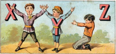 X Y- ja Z-kirjaimet jäljittelevät kehon asentoa. Kaiverrus "Alphabet des petits ecoliers". Epinalin kuva, noin 1885. Privee Collection tekijältä Unbekannt