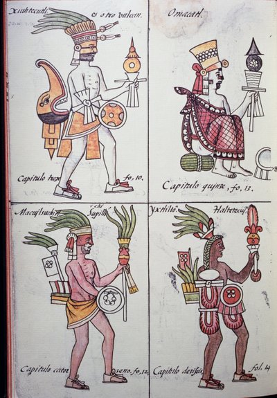 Xiuhtecuhtli, Omacatl, Macuilxochitl, Ixtlilton, sivu Florentine Codexista, espanja- ja nahuatlinkielinen versio, Uuden Espanjan asioiden yleinen historia (Historia general de las cosas de Nueva Espana), Aztec tekijältä Benjamin Baud