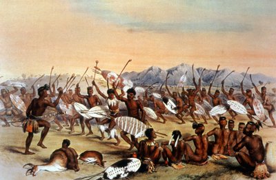Zulujen metsästystanssi, noin 1848-1849 (kaiverrus). tekijältä Unbekannter Künstler