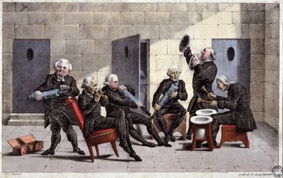 harrastajat soittavat courantea, ranskalainen pilapiirros lääkäreitä (joilla on kädessään ruiskuja ja kammiotölkkejä soittimina) ja puhdistusainetta vastaan 1700-luvulla, Elgelmannin kaiverrus, n. 1830. tekijältä Unbekannter Künstler