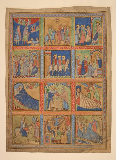 f. 1: 24 pienoiskuvan sarja Kristuksen elämästä; Seitsemän leikkausta valaistuista käsikirjoituksista. 1100-1400-luku Seitsemän leikkausta valaistuista käsikirjoituksista. 1100-1500-luku tekijältä Unbekannter Künstler