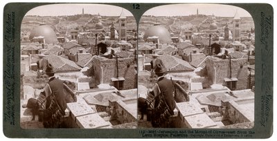 Jerusalem ja Öljymäki, katsot itään Latinalaisesta Hospice-keskuksesta, Palestiina, 1900-luku. tekijältä Underwood and Underwood