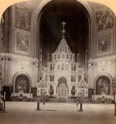 Upea alttari, Vapahtajamme temppeli, Moskovan suurin kirkko, Venäjä, 1898. tekijältä Underwood and Underwood