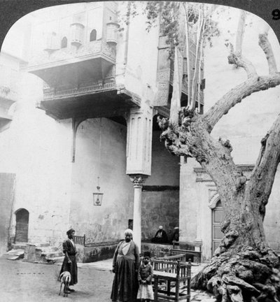 Haaremin ikkunat varakkaan Cairenes-talon pihalla, Kairossa, Egyptissä, 1905. tekijältä Underwood and Underwood
