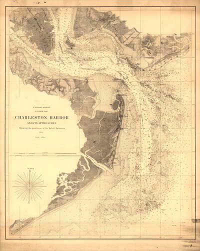 Charlestonin satama ja sen lähestymisalueet sekä kapinallisten pattereiden asemat. LOC 99448822 tekijältä United States Coast Survey