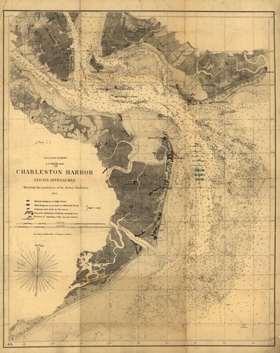 Charlestonin satama ja sen lähestymisalueet sekä kapinallisten pattereiden asemat. LOC 99448827 tekijältä United States Coast Survey