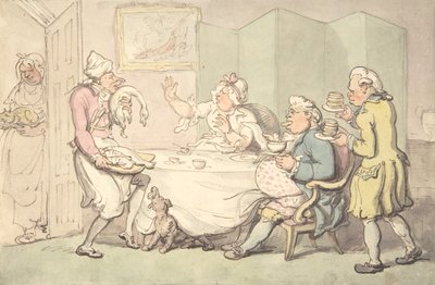 Pari pöydässä palvelijoiden kanssa, 1700-1800-luku. tekijältä Unknown,Unknown.