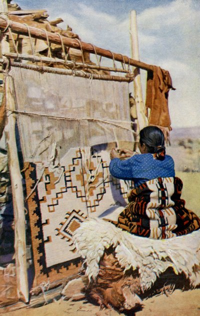 Arizona. Arizonan aavikon sydämessä kudotaan Navajo-peittoja, joiden kauneus ja käyttökelpoisuus houkuttelevat monia asiakkaita. 1920 tekijältä Unknown