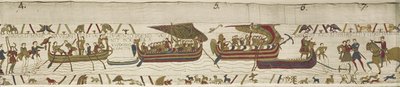 Harold ylittää kanavan Guyn, Ponthieun kreivin alueelle, missä hänet vangitaan, Bayeux Tapestry (villakirjonta pellavalle) tekijältä Unknown