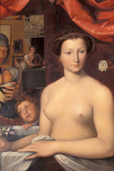 Indre & Loire N* 328 - Chateau dAzay-le-Rideau - huone 4 ""La Dame au bain"" yksityiskohta. Karl Ernest Lehmanin (1814-1882) maalaus Francois Clouet
