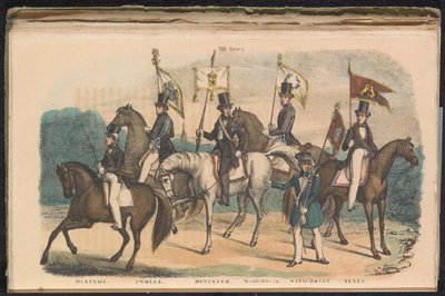 Delfzijlin, Zwollen, Deventerin, Medemblikin, Winschotenin ja Texelin kunniavartijoiden puvut ja liput, 1840-1842 VIII. Ryhmä (otsikko objektissa) tekijältä Unknown