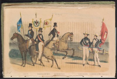 Goesin, Middelburgin, Zierikzeen ja Vlissingenin kunniavartijoiden puvut ja liput, 1840-1842 V. Ryhmä (otsikko objektissa) tekijältä Unknown