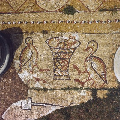 Libanon, osa bysanttilaista mosaiikkia Beit Merin raunioiden keskellä. tekijältä Unknown