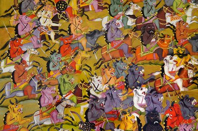 Marwar-maalaus: Yksityiskohta Demonit valmistautuvat taisteluun jumalatar Durgaa vastaan, Mehrangarhin linnakkeen palatsimuseo, Jodhpur, Rajasthan, Intia tekijältä Unknown