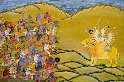 Marwar-maalaus: Demonit valmistautuvat taisteluun jumalatar Durgaa vastaan, Mehrangarhin linnakkeen palatsimuseo, Jodhpur, Rajasthan, Intia tekijältä Unknown