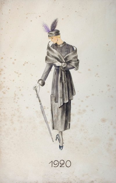 Malli yllään takki ja hattu höyhenillä, kantaa sateenvarjoa, 1920 tekijältä Unknown