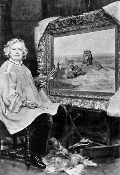 Rosa Bonheur (1822-1899) ranskalainen villieläinmaalari täällä yhden leijonaa edustavan kankaansa edessä c. 1875 tekijältä Unknown