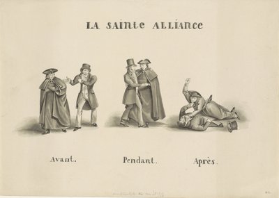 Sarjakuva Rooman papistopuolueen ja liberaalipuolueen välisestä liitosta Alankomaiden hallitusta vastaan, 1828 La Sainte Alliance (otsikko esineessä) tekijältä Unknown